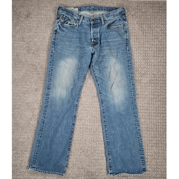 Abercrombie & Fitch Mens Kilburn Low Rise Boot Jeans 33x32 Button Fly Denim Blue - Picture 1 of 15